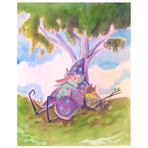 A purple-clad wizard and a small green goblin sleeping peacefully under a tree, whimsical fantasy forest illustration by Emily Zelasko.
