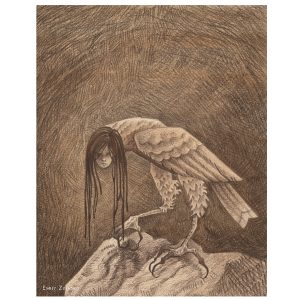 A mysterious bird-like creature with a woman's long-haired head peering forward and showing its claws, mythological creature illustration by Emily Zelasko.