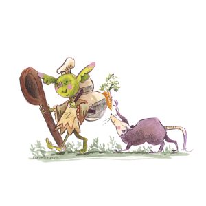 A goblin with a large wooden spoon and gourd of soup parading through grass with a possum, whimsical goblin art by Emily Zelasko.