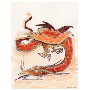 A red dragon with a long neck lazily resting its steaming jaw on the ground, detailed dragon creature design by Emily Zelasko.