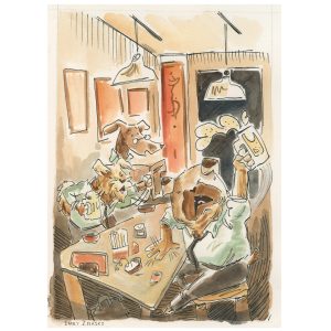 Dogs in business dress partying inside a Japanese Izakaya, whimsical anthropomorphic animal art by Emily Zelasko.