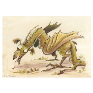 A dragon with wings for ears and bulging eyes crouching with its tongue hanging down, unique creature illustration by Emily Zelasko.