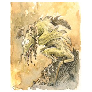 A green dragon crouching on a rock and looking warily back at the viewer, fantasy dragon character art by Emily Zelasko.