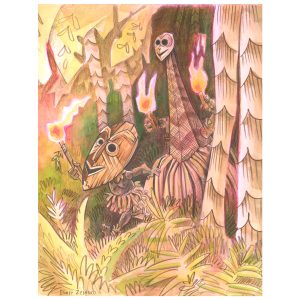 Figures in Tiki masks marching through a tropical forest toward purple and pink hills, stylized tribal fantasy art by Emily Zelasko.