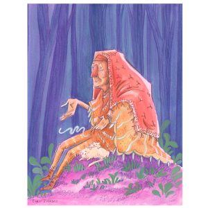 An old woman in orange sitting on a pink hill in a purple forest, holding her hand out and smoldering incense, by Emily Zelasko.
