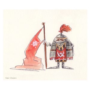 A short armored knight responsibly holding a very long flag that drags on the ground, whimsical knight illustration by Emily Zelasko.