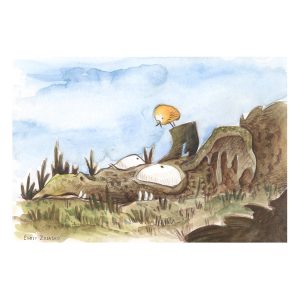 A dragon resting on the ground while looking up at a bird perched on its head, whimsical dragon art by Emily Zelasko.