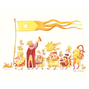 A kingly celebration with a sun banner and classic characters playing instruments, narrative fairytale art by Emily Zelasko.
