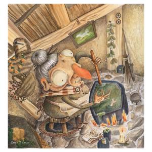 An old woman or witch cooking in a cauldron within a skewed kitchen filled with mysterious items, dark folklore illustration by Emily Zelasko.