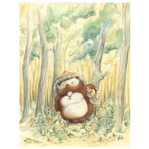 A tanooki raccoon wearing a sun hat and holding a gourd while tromping through the forest, Japanese folklore inspired art by Emily Zelasko.