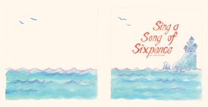 An atmospheric ocean shore scene featuring a castle on a hill and the book title; page 2 of the Sing a Song of Sixpence collection illustrated by Emily Zelasko.