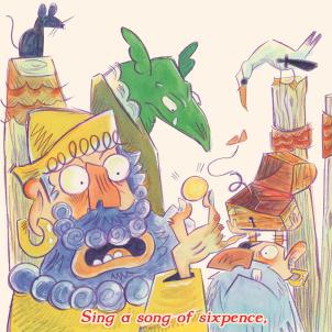 A sailor in a yellow raincoat pulls a coin from a chest as a green goblin-like creature peers over his shoulder; illustration for page 4 of Sing a Song of Sixpence by Emily Zelasko.