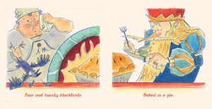 A king looking longingly at a giant pie coming out of the oven while the baker wipes sweat from his face; page 6 of the nursery rhyme book Sing a Song of Sixpence by Emily Zelasko.