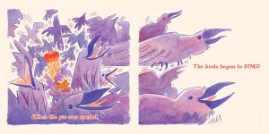 Dozens of blackbirds flutter out of a giant pie as the king watches in total shock; a dramatic narrative scene from page 8 of Sing a Song of Sixpence by Emily Zelasko.