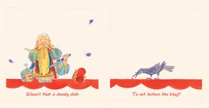 A bewildered king sits with a knife and fork as a single blackbird remains on the table poking at a crumb; illustration from page 10 of Sing a Song of Sixpence by Emily Zelasko.