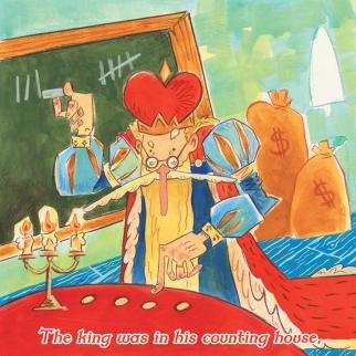 fssixp flat pg12A king counts coins and marks tallies on a chalkboard by a red tablecloth and candelabra; page 12 of the book Sing a Song of Sixpence illustrated by Emily Zelasko.