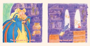 The queen eating toast and honey with a large honey dipper while a blackbird steals bread from the window; scene from page 14 of Sing a Song of Sixpence by Emily Zelasko.