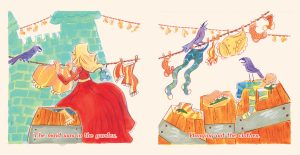 A maid blissfully hanging laundry while blackbirds gather around nearby barrels of clothing; page 16 of the Sing a Song of Sixpence series by Emily Zelasko.