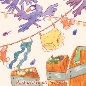A blackbird nipping the maid's nose while she is in the middle of hanging laundry; a pivotal story moment on page 18 of Sing a Song of Sixpence by Emily Zelasko.