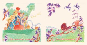 All characters gather around as the maid cries and a blackbird drops her nose near Little Jenny Wren on a branch; illustration for page 20 of Sing a Song of Sixpence by Emily Zelasko.