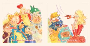 Characters stand amazed as Little Jenny Wren returns the maid's nose to her face; a magical resolution on page 22 of the Sing a Song of Sixpence book by Emily Zelasko.
