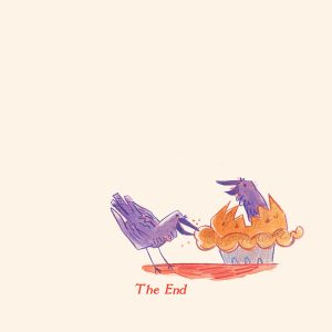 Two blackbirds seen happily sharing and eating a pie; the final closing illustration on page 24 of Sing a Song of Sixpence illustrated by Emily Zelasko.