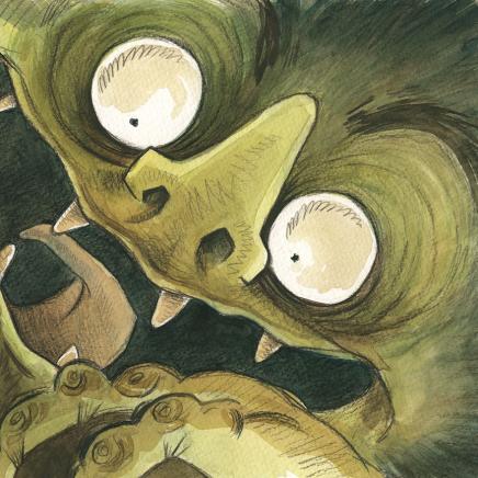 A close-up view of the Skogsrå showing wide eyes and a wide, grinning display of pointed teeth; a detailed creature study for page 6 of The Skogsrå and the Charcoal Burner by Emily Zelasko.