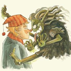 The Skogsrå confronts Anders nose to nose with its long tongue dangling and bushy tail swinging while the woodsman looks on; scene from page 8 of The Skogsrå and the Charcoal Burner by Emily Zelasko.
