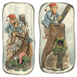 A tired charcoal burner yawns while loading and mudding his kiln as the Skogsrå heckles him; a detailed scene from page 16 of The Skogsrå and the Charcoal Burner by Emily Zelasko.